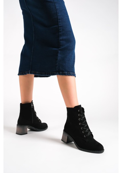 Lux Bağcıklı Fermuarlı Ortopedik Taban Suya ve Soğuğa Dayanıklı Topuklu Süet Kadın Bot St Siyah indirimleri