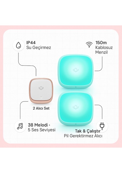 Kablosuz Kapı Zili Seti IP44 Su Geçirmez, 2 Alıcı, 38 Melodi, Kolay Montaj, 433MHZ indirimleri