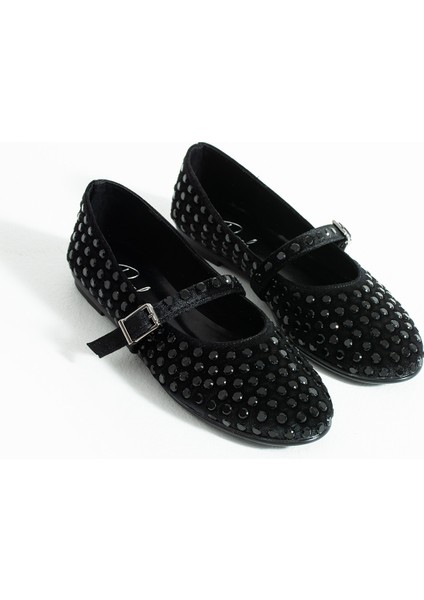 Ruby Kadife Taş Detaylı Bilekten Bağlamalı Kadın Babet