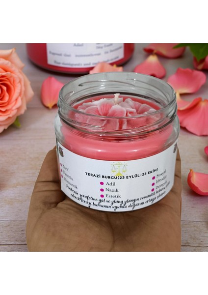 Terazi Burcu Kokulu Mum – Pembe Soya Wax El Yapımı Gül & Ylang Ylang Cam Kavanoz Mum modelleri
