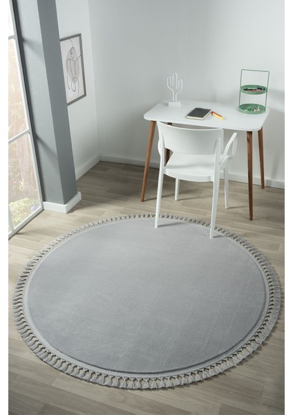 Cloudy Açık Gri Yuvarlak Saçaklı Peluş Yumuşacık Yıkanabilir Kaymaz Taban Halı Salon Oturma Odası