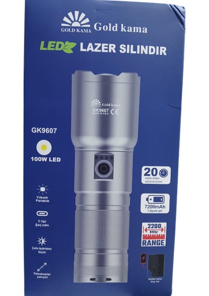 GK-9607 Profesyonel El Feneri | 100W 10.000 Lümen | 7200 Mah, 2200 M Menzil, Zoomlu, Metal Gövde, Type-C Şarjlı