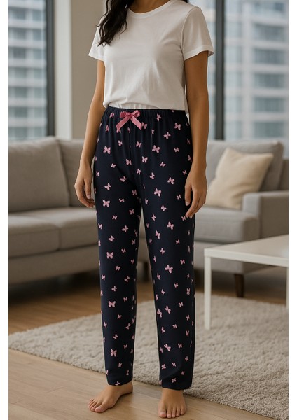 Büyük Beden Yumuşak Kelebek Desenli Simli Lacivert Kadın Pijama Altı