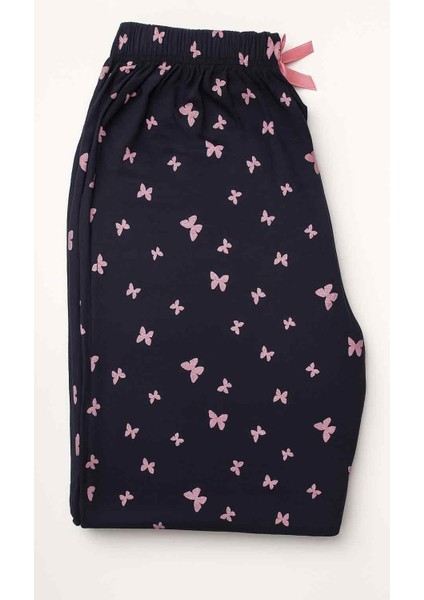 Büyük Beden Yumuşak Kelebek Desenli Simli Lacivert Kadın Pijama Altı fiyatları