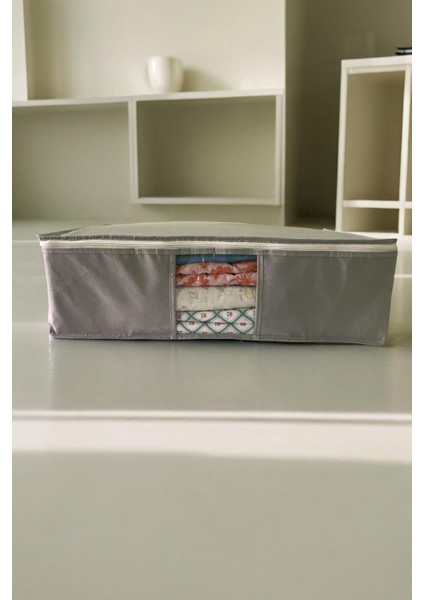 Tekstil 5 Adet Gri Pencereli Kıyafet Saklama Yatak Altı Düzenleyici Çok Amaçlı Hurç 64 x 45 x 22 cm Koyu Gri 44 x 65