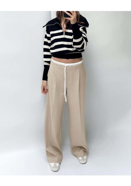 Kadın Bej Beli Şerit Lastikli Pantolon - 10778