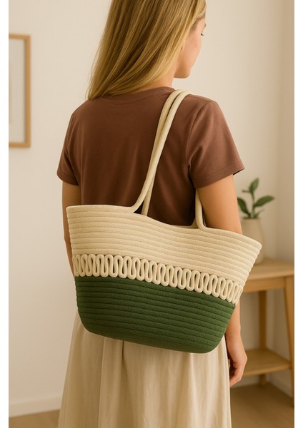Halat Örgü Hasır Çevre Dostu Şık Çift Renkli Büyük Boy Plaj Çantası Kadın El ve Omuz Çantası