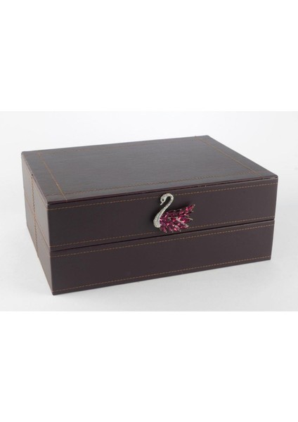 Koyu Mor Kuğu Kulplu Deri Kutu 30X22X12CM