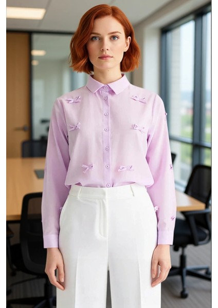 Kadın Dokuma Gömlek Fiyonk Detayları Ile Günlük ve Özel Anlarınıza Zarafet Katın Dayanıklı fırsatları