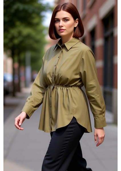 Kadın Büzgülü Bel Detaylı Uzun Kollu Dokuma Gömlek Büyük Beden Şık ve Rahat Günlük Kullanım