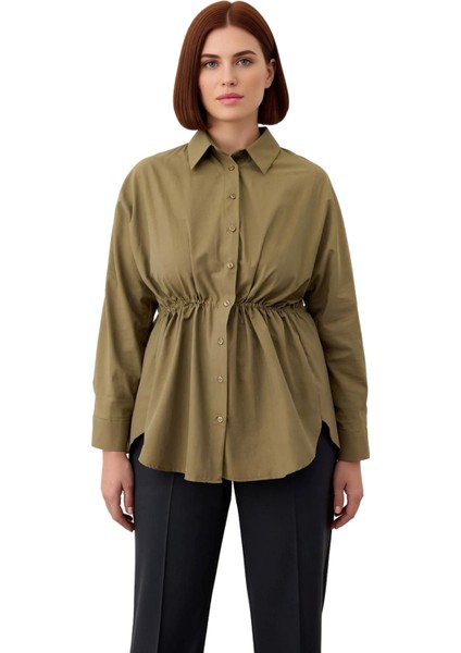 Kadın Büzgülü Bel Detaylı Uzun Kollu Dokuma Gömlek Büyük Beden Şık ve Rahat Günlük Kullanım fırsatları