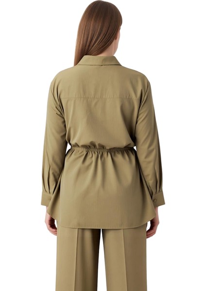 Kadın Büzgülü Bel Detaylı Uzun Kollu Dokuma Gömlek Büyük Beden Şık ve Rahat Günlük Kullanım indirimleri