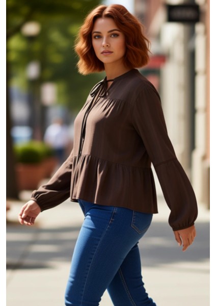 Kadın Bağlamalı V Yaka Uzun Kollu Dokuma Bluz Rahat Kesim Dokulu Kumaş Günlük Stil Estetik