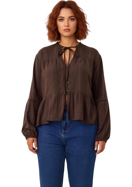 Kadın Bağlamalı V Yaka Uzun Kollu Dokuma Bluz Rahat Kesim Dokulu Kumaş Günlük Stil Estetik fırsatları