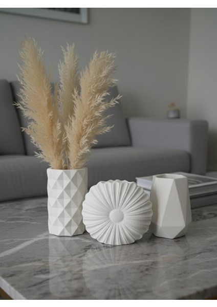 3lü Vazo Seti, Hediye Pampas, Iskandinav 3'lü Vazo Takımı, Beyaz Modern Vazo Seti