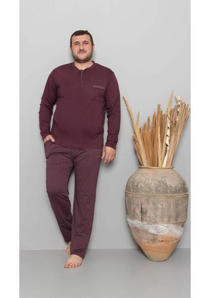 Erkek Büyük Beden Bisiklet Yaka Mürdüm Pijama Takımı