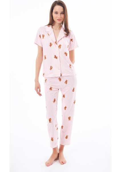 Premium Kadın Pijama Takımı Krem Ayıcık Desenli Yumuşak Dokulu Kısa Kollu Gömlek Yaka