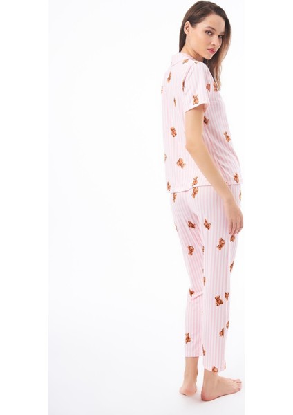 Premium Kadın Pijama Takımı Krem Ayıcık Desenli Yumuşak Dokulu Kısa Kollu Gömlek Yaka fiyatları