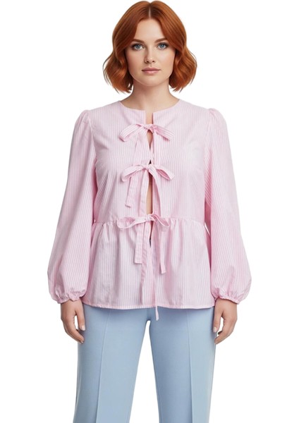 Çizgili Fiyonk Detaylı Dokuma Gömlek Kadın Fonksiyonel Dayanıklı Kaliteli Konforlu Estetik fırsatları