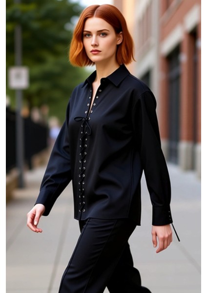 Kadın Oversize Gömlek Yaka Bağcık Detaylı Pamuk Polyester Karışımı Uzun Kollu Dokuma Gömlek