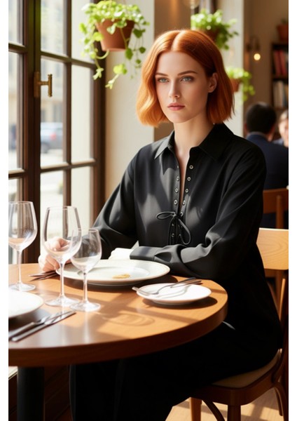 Kadın Oversize Gömlek Yaka Bağcık Detaylı Pamuk Polyester Karışımı Uzun Kollu Dokuma Gömlek fiyatları