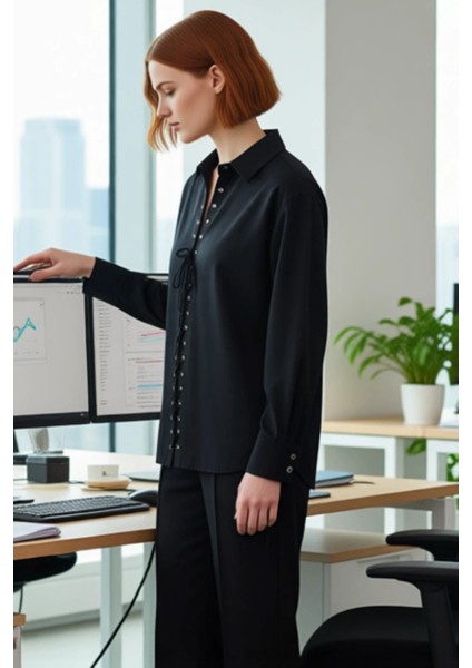 Kadın Oversize Gömlek Yaka Bağcık Detaylı Pamuk Polyester Karışımı Uzun Kollu Dokuma Gömlek modelleri