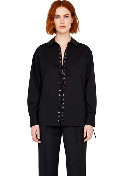 Kadın Oversize Gömlek Yaka Bağcık Detaylı Pamuk Polyester Karışımı Uzun Kollu Dokuma Gömlek fırsatları