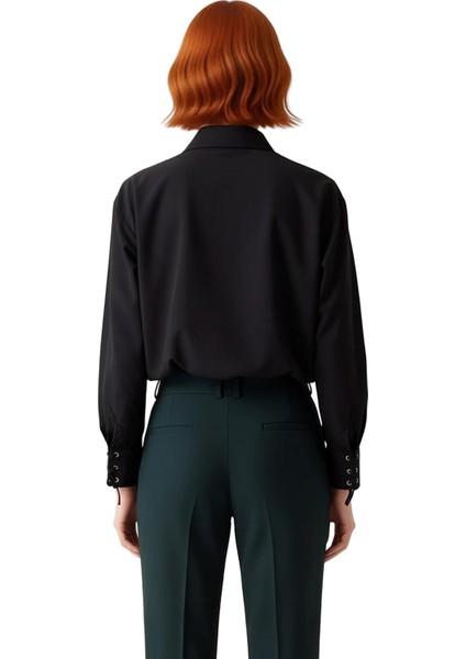 Kadın Oversize Gömlek Yaka Bağcık Detaylı Pamuk Polyester Karışımı Uzun Kollu Dokuma Gömlek indirimleri