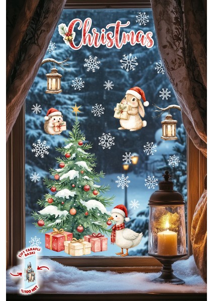 Christmas Yılbaşı Cam Sticker Seti 50 Parça – Çift Taraflı Baskı, Suya Dayanıklı, Kar Tanesi Figürler