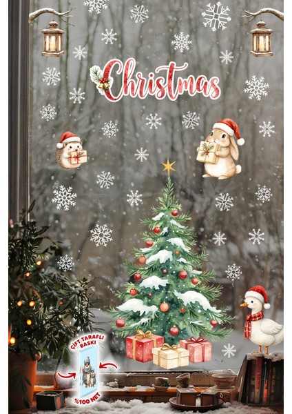 Christmas Yılbaşı Cam Sticker Seti 50 Parça – Çift Taraflı Baskı, Suya Dayanıklı, Kar Tanesi Figürler modelleri