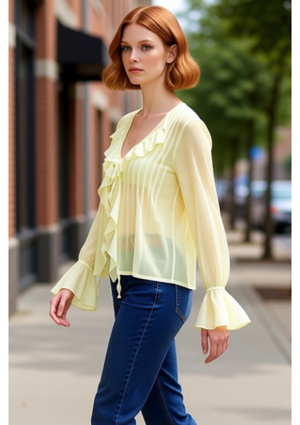 Kadın Fırfır Detaylı Şifon Bluz Uzun Kollu Rahat Kesim Ilkbahar Sonbahar Kombinleri Modern
