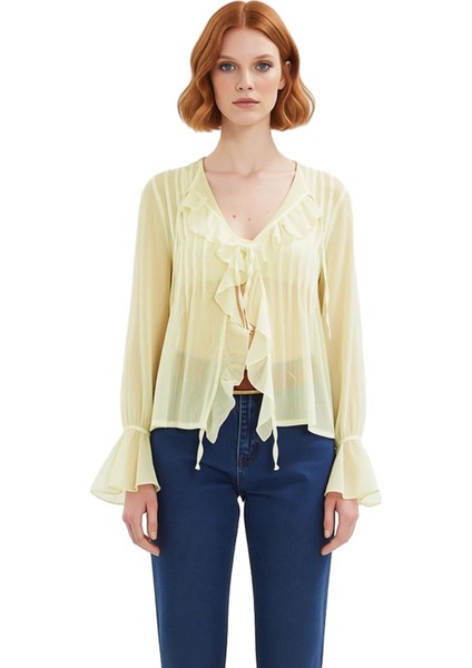 Kadın Fırfır Detaylı Şifon Bluz Uzun Kollu Rahat Kesim Ilkbahar Sonbahar Kombinleri Modern fırsatları