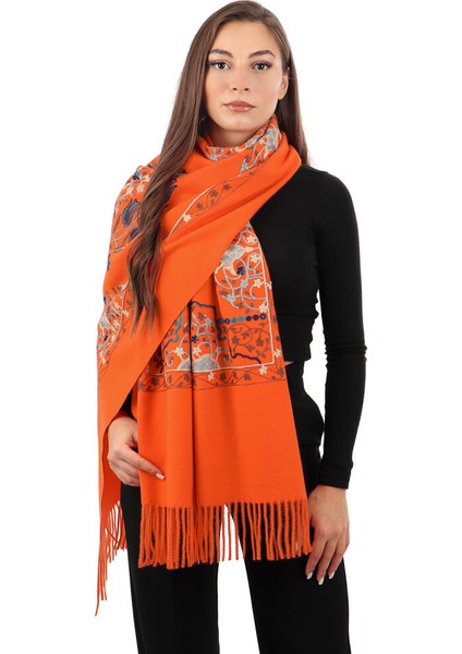 Turuncu Nakışlı Kışlık Şal