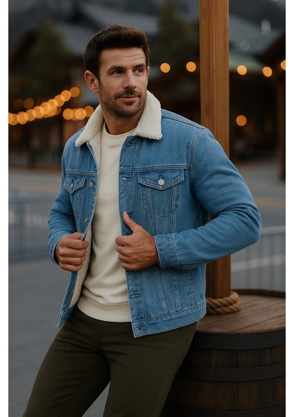 Erkek Kışlık Kalın Günlük Içi Kürk A.mavi Kot Ceket