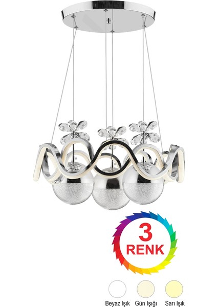Orkide Krom Renkli 3'lü Toplu 3 Renk Kumandalı Modern Ledli Avize