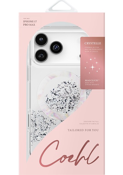 iPhone 17 Pro Max Uyumlu Kılıf M-Safe Şarj Parlak Kristal Desenli Coehl Crystelle Kapak Gümüş modelleri