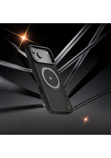 iPhone 17 Pro Max Uyumlu Kılıf M-Safe Şarj Özellikli Metal Standlı Lenyes CK225 Kevlar Kapak Siyah