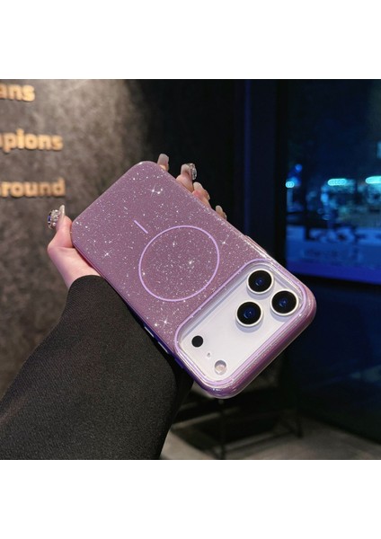 Apple iPhone 17 Pro Uyumlu Magsafe Şarj Özellikli Parlayan Simli Işıltılı Lüks Kapak Kılıf