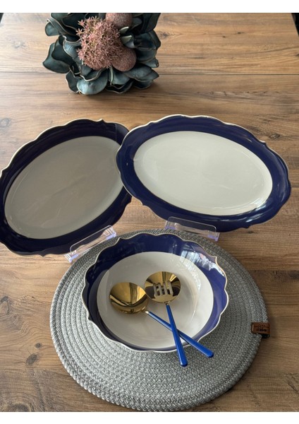 Lacivert Şeritli Servis Sunum Seti 3 Parça