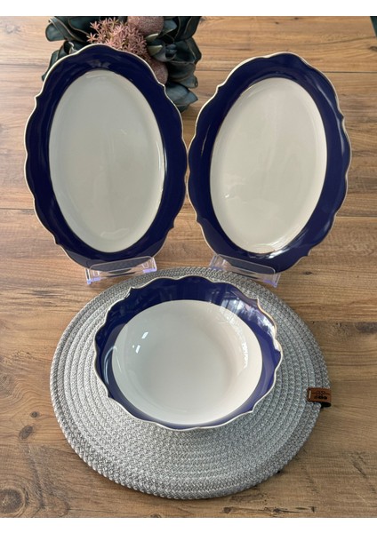 Lacivert Şeritli Servis Sunum Seti 3 Parça modelleri