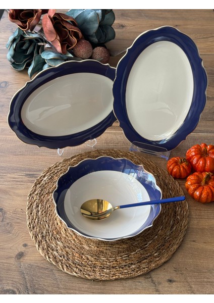 Lacivert Şeritli Servis Sunum Seti 3 Parça fırsatları