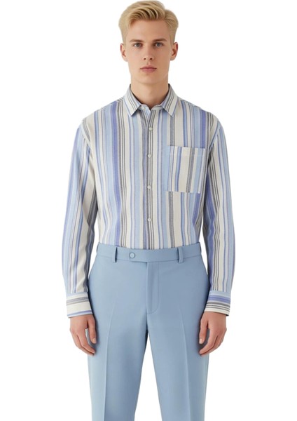 Erkek Çizgili Dokuma Gömlek Rahat Kesim Uzun Kollu Gündüz ve Gece Stiline Uygun Seçim Spor