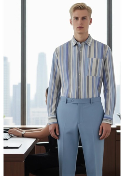 Erkek Çizgili Dokuma Gömlek Rahat Kesim Uzun Kollu Gündüz ve Gece Stiline Uygun Seçim Spor fırsatları