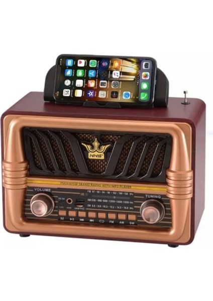 Büyük Boy Telefon Tutma Saplı Retro Ahşap Tasarım Bluetooth Hoparlörlü Radyo – Fm/am Destekli, Şarjlı ve Taşınabilir Radyo NS-8077 (4887)