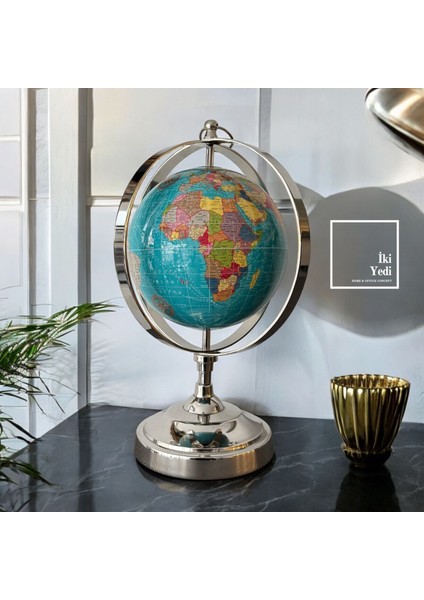 Xavier Krom Döküm Ayaklı 35 cm Mavi Dünya Küresi Lüks Şık Ofis Hediyesi Antik Büro Dekoratif Objeler