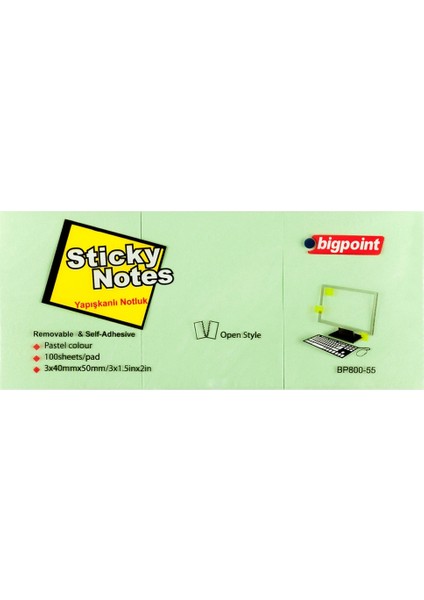 Bigpoint Yapışkanlı Not Kağıdı 3 Lü 40X50 Yeşil BP800-55-4-PKT