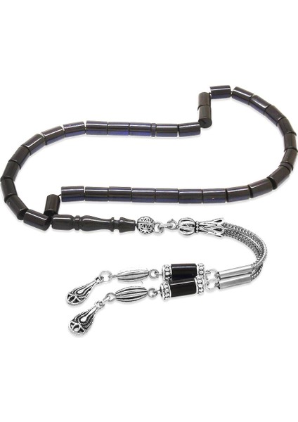 Sıkma Kehribar Tesbih - Kararmaz Metal Damla Püsküllü - Lacivert Siyah - Mini Boy - Kesme Kesim