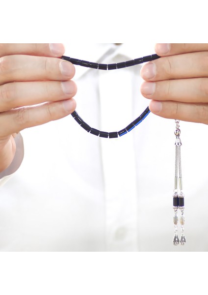 Sıkma Kehribar Tesbih - Kararmaz Metal Damla Püsküllü - Lacivert Siyah - Mini Boy - Kesme Kesim fırsatları