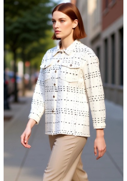 Kadın Büyük Beden Tüvit Dokuma Ekose Desenli Uzun Kollu Gömlek Ceket Kış Sezonu ve Konforu