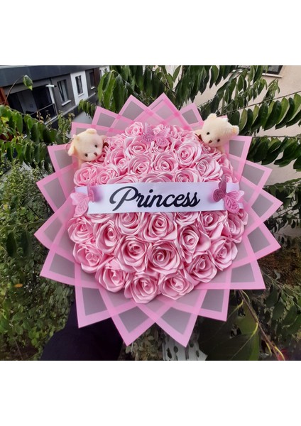 41 Li LED Işıklı Solmayan Gül Buketi Pembe Gül Dışı Pembe - Şerit Yazılı - Kelebekli - Ayıcıklı